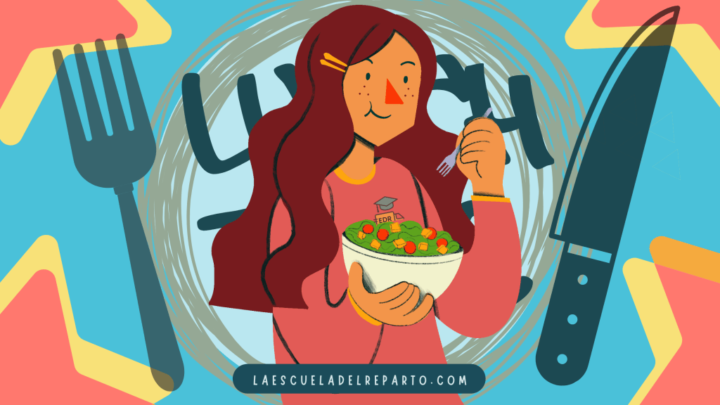 Banner repartidora comiendo.